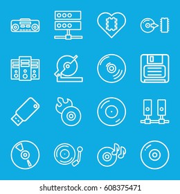 Disk icons set. set of 16 disk outline icons such as circular saw, disc on fire, disc flame, diskette, CD, record player, disc, gramophone, usb drive, CPU in heart