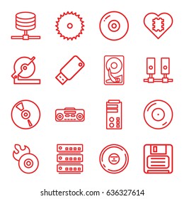 Disk icons set. set of 16 disk outline icons such as blade saw, circular saw, disc on fire, disc flame, diskette, cd, record player, usb drive, cpu in heart
