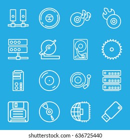 Disk icons set. set of 16 disk outline icons such as blade saw, circular saw, disc on fire, disc flame, diskette, cd, gramophone, usb drive, hard disc, cpu planet
