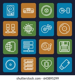 Disk icons set. set of 16 disk outline icons such as blade saw, disc on fire, diskette, cd, record player, disc, gramophone, usb drive, hard disc, cpu in heart, cpu planet