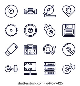 Disk icons set. set of 16 disk outline icons such as blade saw, circular saw, disc on fire, disc flame, diskette, cd, record player, disc, gramophone, usb drive, cpu in heart