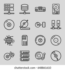 Disk icons set. set of 16 disk outline icons such as circular saw, disc on fire, cd, record player, disc, gramophone, hard disc, cpu planet