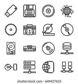 Disk icons set. set of 16 disk outline icons such as blade saw, circular saw, diskette, cd, record player, disc, usb drive, hard disc, cpu planet