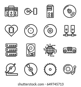 Disk icons set. set of 16 disk outline icons such as blade saw, circular saw, disc on fire, cd, record player, disc, gramophone, hard disc, cpu in heart, cpu planet