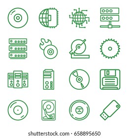 Disk icons set. set of 16 disk outline icons such as blade saw, circular saw, disc on fire, disc flame, diskette, cd, usb drive, cpu planet