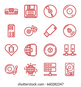 Disk icons set. set of 16 disk outline icons such as disc on fire, diskette, cd, record player, gramophone, usb drive, hard disc, cpu in heart, cpu planet