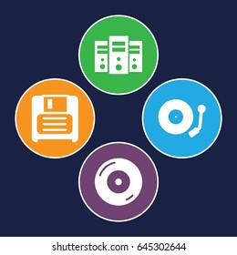 Disk icons set. set of 4 disk filled icons such as disc on fire, diskette, gramophone
