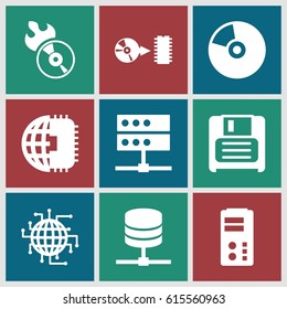 Disk icons set. set of 9 disk filled icons such as disc flame, diskette, disc, CD, CPU planet