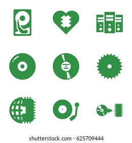 Disk icons set. set of 9 disk filled icons such as blade saw, CD, disc, gramophone, hard disc, CPU in heart, CPU planet