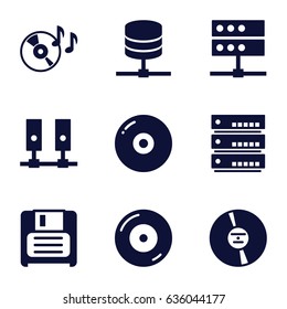Disk icons set. set of 9 disk filled icons such as disc on fire, diskette, cd, disc