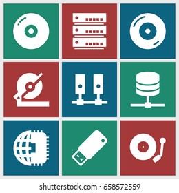 Disk icons set. set of 9 disk filled icons such as circular saw, disc on fire, gramophone, usb drive, cpu planet, disc