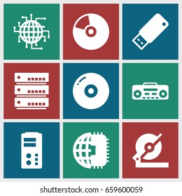 Disk icons set. set of 9 disk filled icons such as circular saw, record player, usb drive, cd, cpu planet, disc