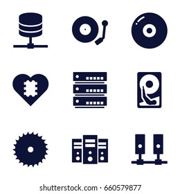 Disk icons set. set of 9 disk filled icons such as blade saw, gramophone, hard disc, cpu in heart, disc