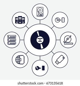 Disk icons set. set of 9 disk filled and outline icons such as cd, disc, circular saw, usb drive, hard disc, cpu planet