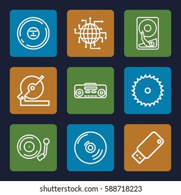 disk icons set. Set of 9 disk outline icons such as blade saw, circular saw, CD, record player, gramophone, usb drive, hard disc