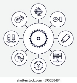 disk icons set. Set of 9 disk outline icons such as blade saw, disc on fire, CD, disc, usb drive, CPU planet