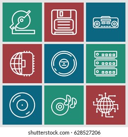 Disk icons set. set of 9 disk outline icons such as circular saw, disc on fire, diskette, CD, record player, CPU planet