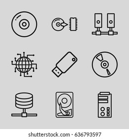 Disk icons set. set of 9 disk outline icons such as cd, disc, usb drive, hard disc, cpu planet