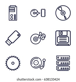 Disk icons set. set of 9 disk outline icons such as blade saw, disc on fire, diskette, cd, disc, gramophone, usb drive
