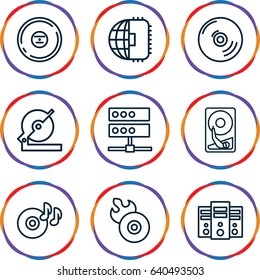 Disk icons set. set of 9 disk outline icons such as circular saw, disc on fire, disc flame, cd, hard disc, cpu planet