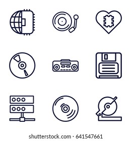 Disk icons set. set of 9 disk outline icons such as circular saw, diskette, cd, record player, gramophone, cpu in heart, cpu planet