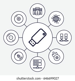 Disk icons set. set of 9 disk outline icons such as disc on fire, disc flame, usb drive, cd, cpu planet, server