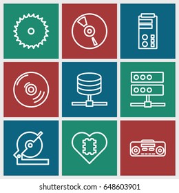 Disk icons set. set of 9 disk outline icons such as blade saw, circular saw, cd, record player, cpu in heart