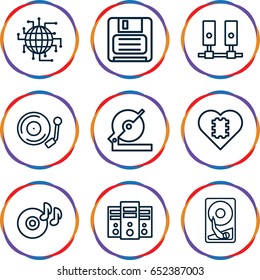 Disk icons set. set of 9 disk outline icons such as circular saw, disc on fire, diskette, gramophone, hard disc, cpu in heart, cpu planet