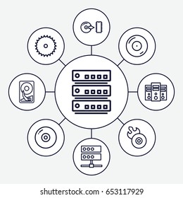 Disk icons set. set of 9 disk outline icons such as blade saw, disc on fire, disc flame