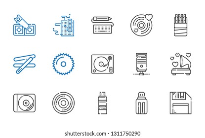 disk icons set. Collection of disk with diskette, usb, pendrive, compact disc, disc, gramophone, server, turntable, saw, stick, sticks, vinyl. Editable and scalable disk icons.