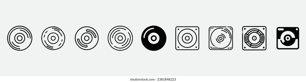 Iconos de disco, icono de disco duro. Disquete retro, disco compacto, disco de placa de vinilo Icono de retro de música.Icono de CD o DVD, iconos de CD o DVD vectores, icono de freno de disco 