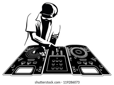 Disk jockey in black silhouette. Console and character are separated and easily selectable