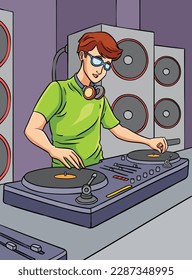 Disk Jockey Colored Cartoon Illustration