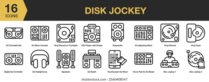 Disk Jockey icon set. Includes subwoofer, vinyl record, case, headphones, console, and More. Outline icons vector collection.