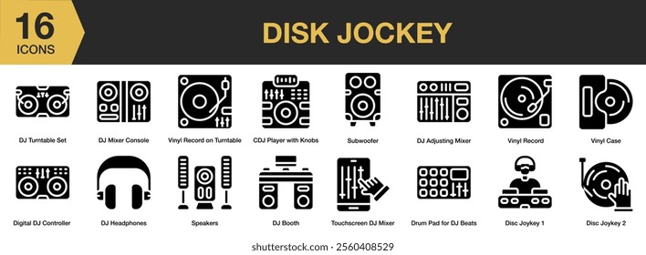 Disk Jockey solid icon set. Includes subwoofer, vinyl record, case, headphones, console, and More. Solid icons vector collection.