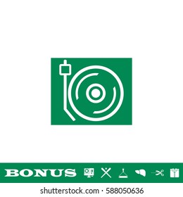 Disk Jockey turntable icon flat. Green pictogram on white background. Vector illustration symbol and bonus button