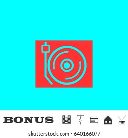 Disk Jockey turntable icon flat. Red pictogram on blue background. Vector illustration symbol and bonus buttons Music center, corkscrew, credit card, house, drum