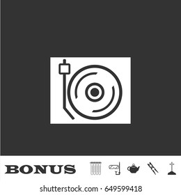 Disk Jockey turntable icon flat. White pictogram on black background. Vector illustration symbol and bonus icons
