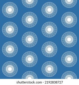 Disk mandala wheel blue seamless pattern, symmetrical colored background for textile and wrapping paper design