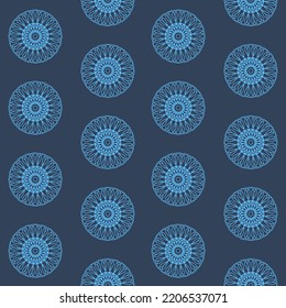 Disk mandala wheel blue seamless pattern, symmetrical colored background