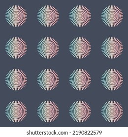 Disk mandala wheel seamless pattern on dark background, symmetrical color background for textile and wrapping paper design