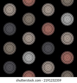 Disk mandala wheel seamless pattern on dark background, symmetrical color background for textile and wrapping paper design