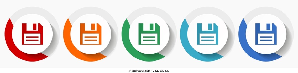 Disk, save vector icon set, flat icons for logo design, webdesign and mobile applications, colorful round buttons