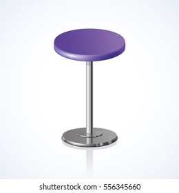 Disk shape vivid violet color stylish barstool stand on one shiny foot on white backdrop. Pub club object design. Close-up side view