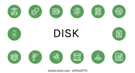 disk simple icons set. Contains such icons as Data storage, Global server, Lp, Music, Server, Disc, Musical, DJ, Compact disc, Ufo, Turntable, can be used for web, mobile and logo