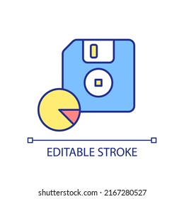 Disk storage RGB color icon. Diskette capacity and storage space. Magnetic memory device. Isolated vector illustration. Simple filled line drawing. Editable stroke. Arial font used