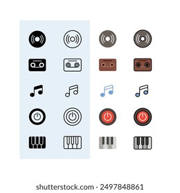 disk, tape cassette, music notation, power button, piano, Audio, Music and Sound Line Icon Set