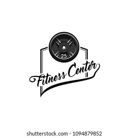 Disk weight barbell. Fitness center logo label. Sport badge. Fitness club emblem. Bodybuilding. Vector illustration.