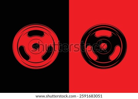 Disk weight and barbell. Monochrome style on a Red and Black background. Gym fitness plate logo vector illustration.
