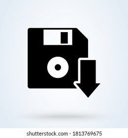 Diskette with download arrow sign icon or logo. The floppy disk concept. Save to diskette, vector illustration.